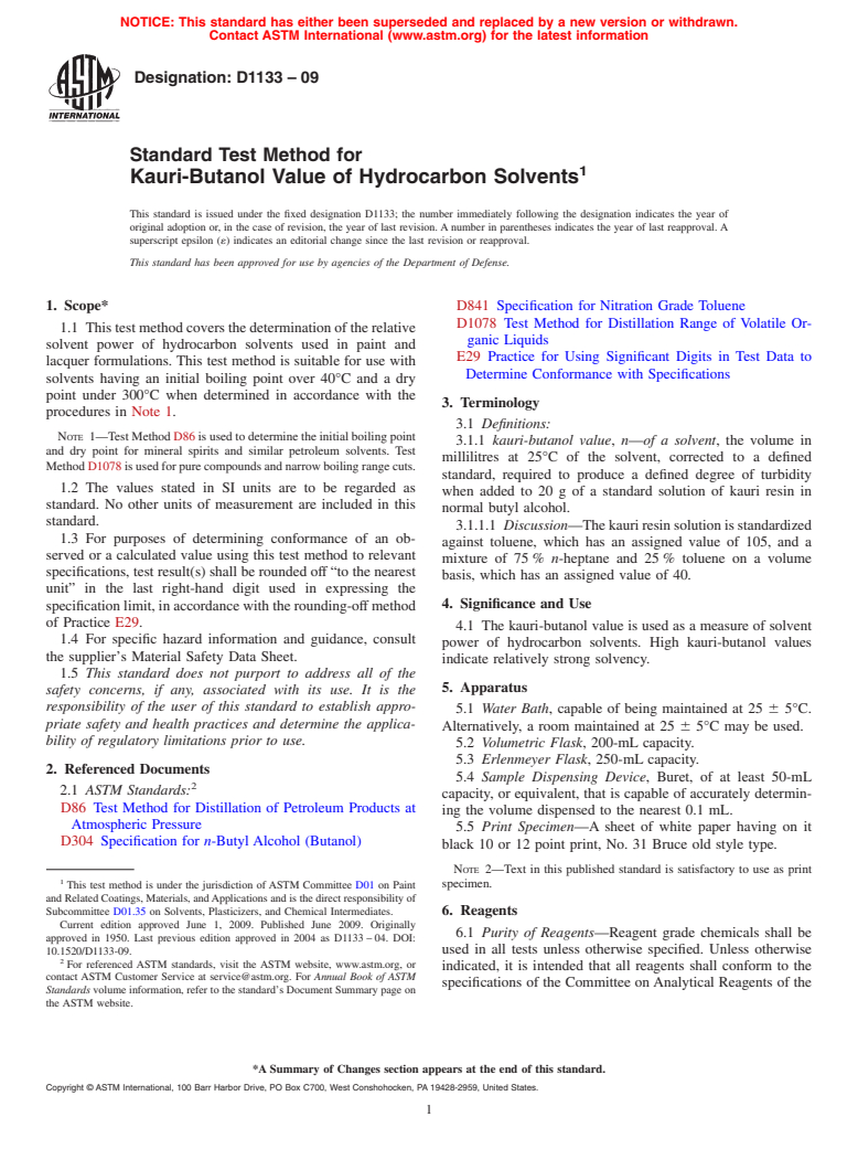 ASTM D1133-09 - Standard Test Method for Kauri-Butanol Value of Hydrocarbon Solvents