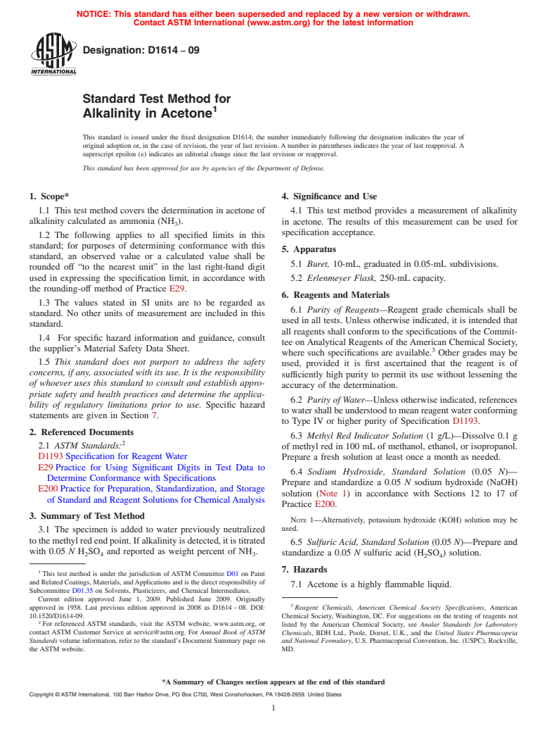 ASTM D1614-09 - Standard Test Method for Alkalinity in Acetone