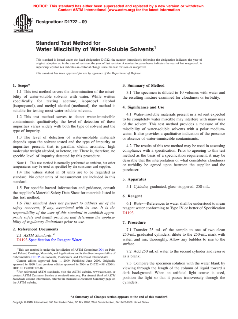 ASTM D1722-09 - Standard Test Method for Water Miscibility of Water-Soluble Solvents
