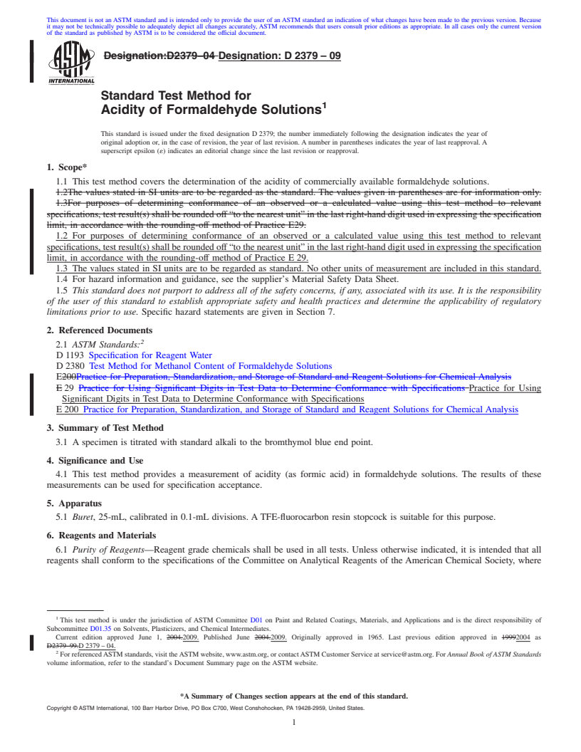 REDLINE ASTM D2379-09 - Standard Test Method for Acidity of Formaldehyde Solutions