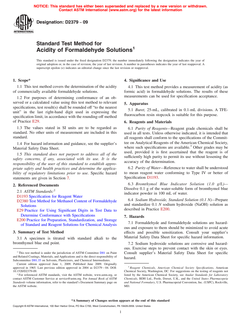 ASTM D2379-09 - Standard Test Method for Acidity of Formaldehyde Solutions