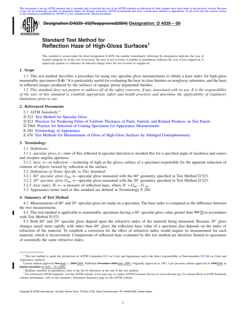 REDLINE ASTM D4039-09 - Standard Test Method for Reflection Haze of High-Gloss Surfaces