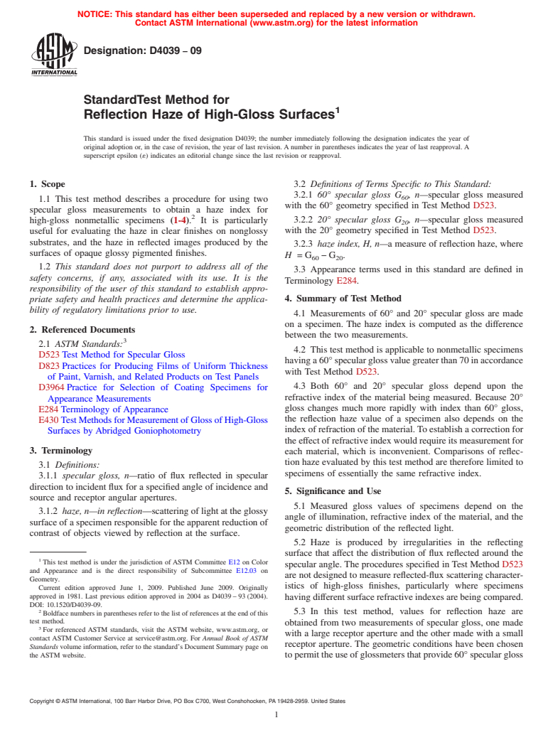 ASTM D4039-09 - Standard Test Method for Reflection Haze of High-Gloss Surfaces