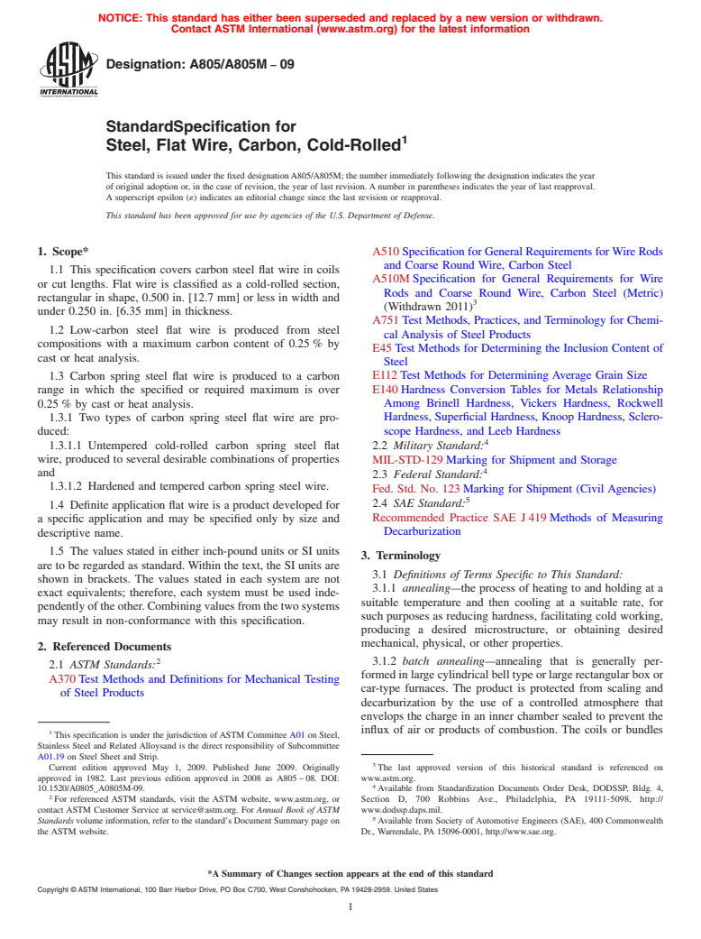 ASTM A805/A805M-09 - Standard Specification for  Steel, Flat Wire, Carbon, Cold-Rolled