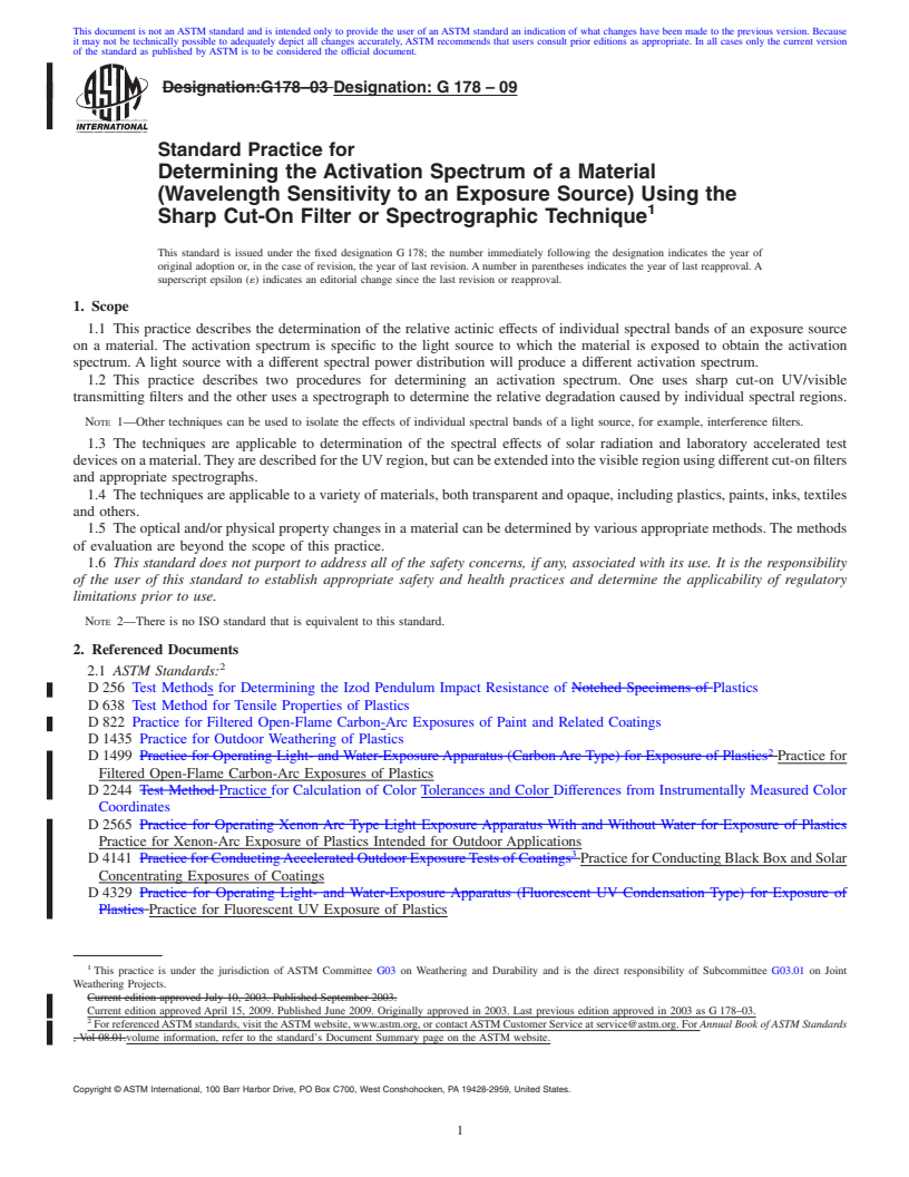 REDLINE ASTM G178-09 - Standard Practice for Determining the Activation Spectrum of a Material (Wavelength Sensitivity to an Exposure Source) Using the Sharp Cut-On Filter or Spectrographic Technique