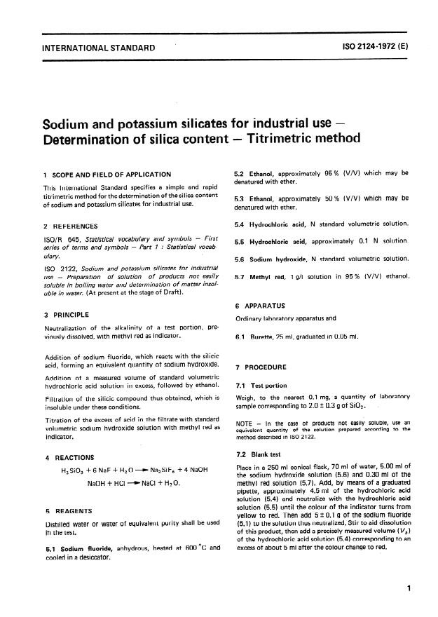 ISO 2124:1972 ISO 2124:1972 - Sodium and potassium silicates for industrial use -- Determination of silica content -- Titrimetric method