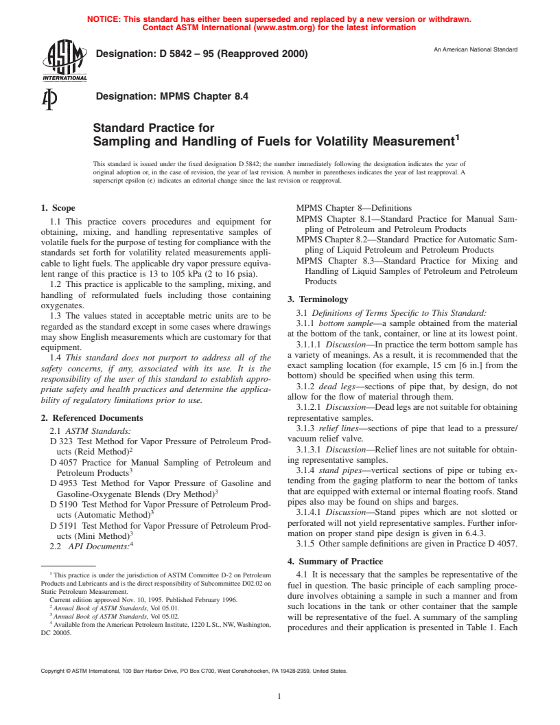 ASTM D5842-95(2000) - Standard Practice for Sampling and Handling of Fuels for Volatility Measurement