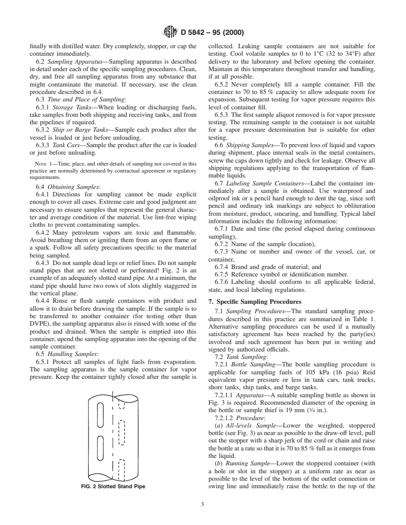 ASTM D5842-95(2000) - Standard Practice for Sampling and Handling of Fuels for Volatility Measurement