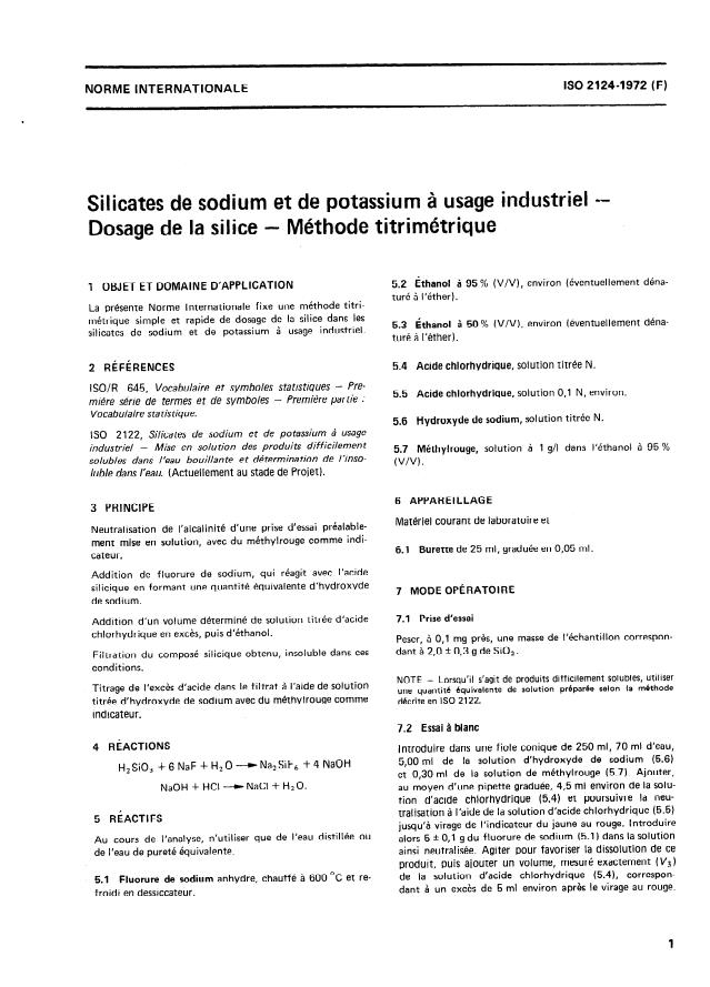 ISO 2124:1972 ISO 2124:1972 - Silicates de sodium et de potassium a usage industriel -- Dosage de la silice -- Méthode titrimétrique