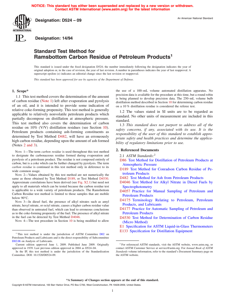 ASTM D524-09 - Standard Test Method for Ramsbottom Carbon Residue of Petroleum Products