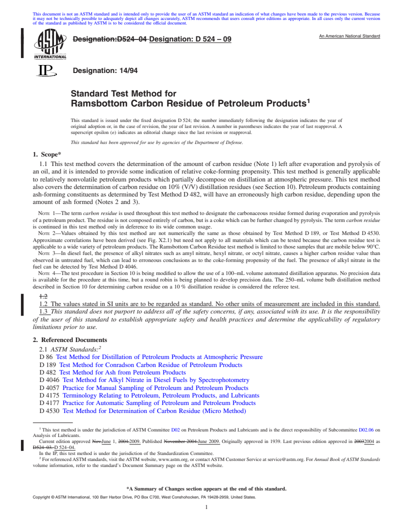 REDLINE ASTM D524-09 - Standard Test Method for Ramsbottom Carbon Residue of Petroleum Products