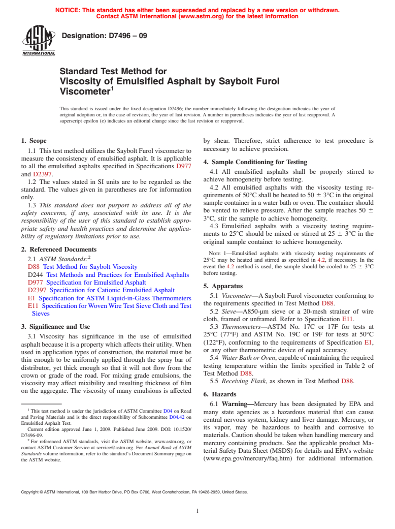ASTM D7496-09 - Standard Test Method for Viscosity of Emulsified Asphalt by Saybolt Furol Viscometer