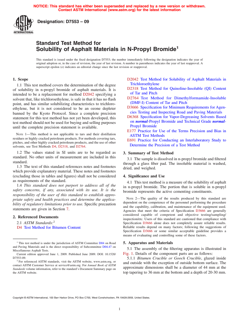 ASTM D7553-09 - Standard Test Method for Solubility of Asphalt Materials in N-Propyl Bromide