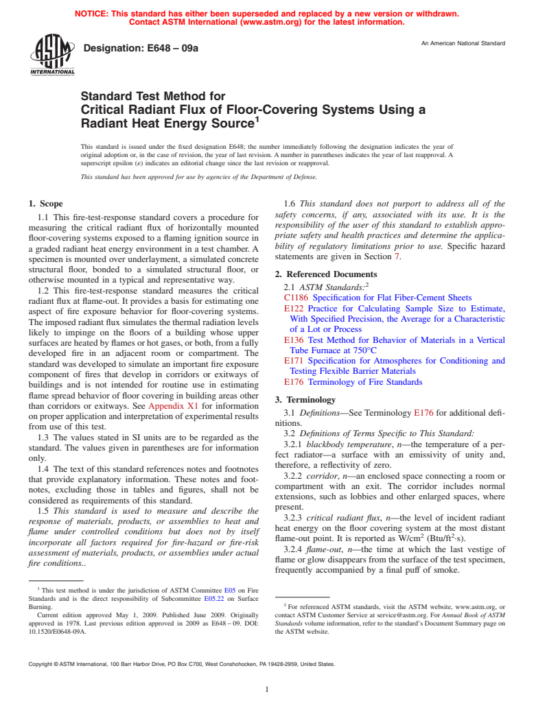 ASTM E648-09a - Standard Test Method for  Critical Radiant Flux of Floor-Covering Systems Using a Radiant Heat Energy Source