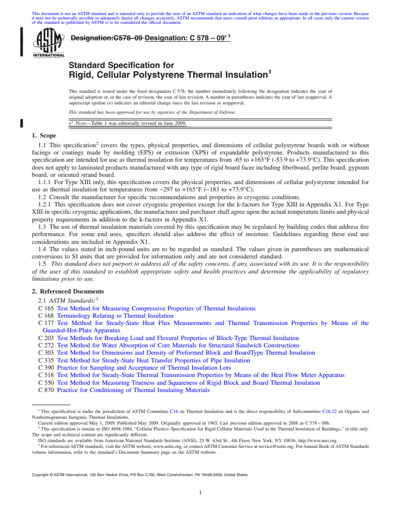 REDLINE ASTM C578-09e1 - Standard Specification for  Rigid, Cellular Polystyrene Thermal Insulation