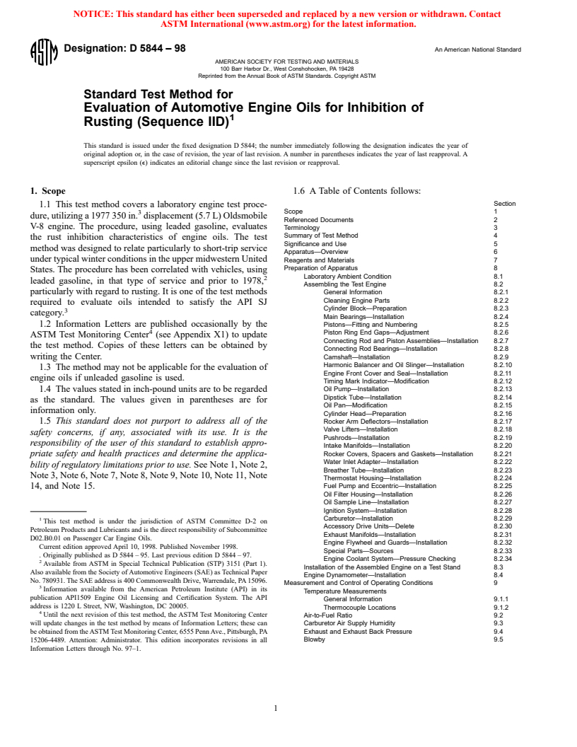 ASTM D5844-98 - Standard Test Method for Evaluation of Automotive Engine Oils for Inhibition of Rusting (Sequence IID) (Withdrawn 2003)