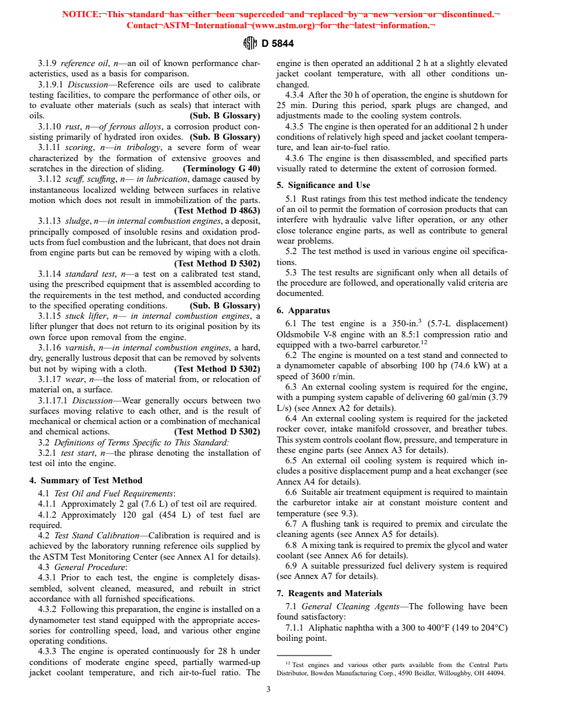 ASTM D5844-98 - Standard Test Method for Evaluation of Automotive Engine Oils for Inhibition of Rusting (Sequence IID) (Withdrawn 2003)