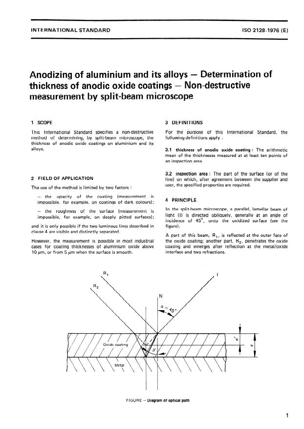 ISO 2128:1976 - Anodizing of aluminium and its alloys -- Determination of thickness of anodic oxide coatings -- Non-destructive measurement by split-beam microscope