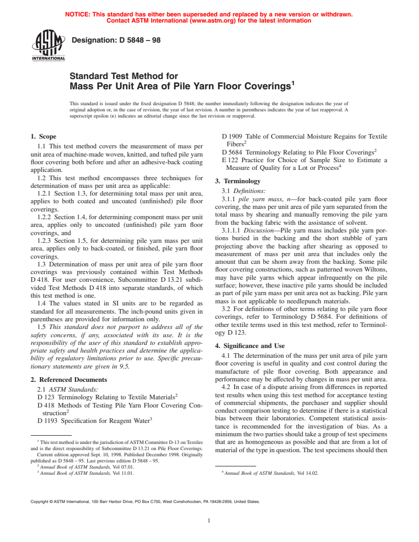 ASTM D5848-98 - Standard Test Method for Mass Per Unit Area of Pile Yarn Floor Coverings