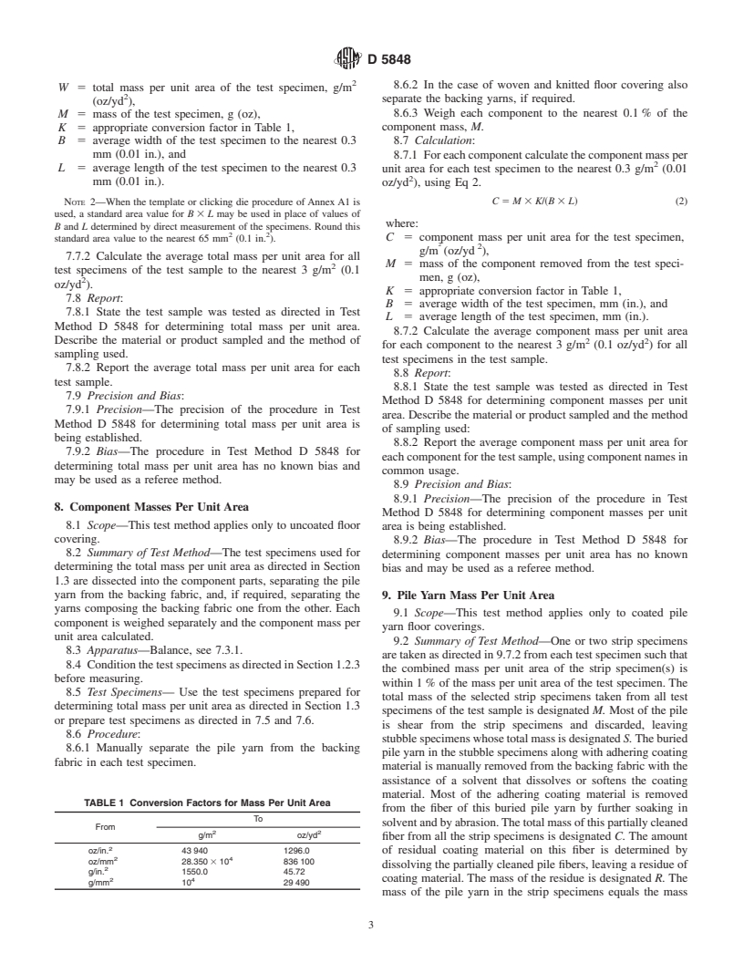 ASTM D5848-98 - Standard Test Method for Mass Per Unit Area of Pile Yarn Floor Coverings