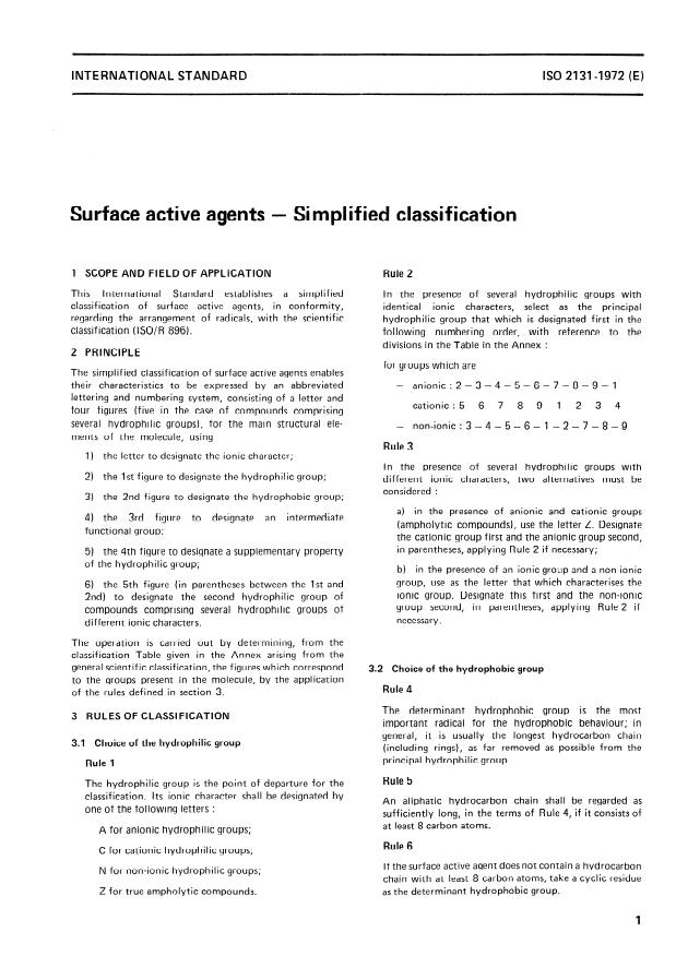ISO 2131:1972 - Surface active agents -- Simplified classification
