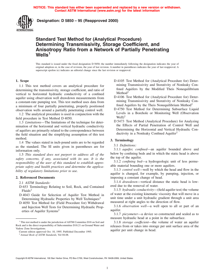 ASTM D5850-95(2000) - Standard Test Method for (Analytical Procedure) Determining Transmissivity, Storage Coefficient, and Anisotropy Ratio from a Network of Partially Penetrating Wells