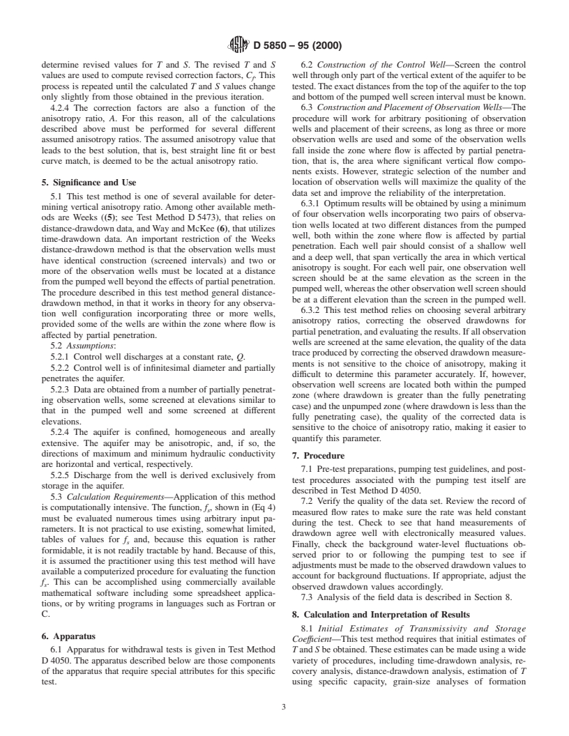 ASTM D5850-95(2000) - Standard Test Method for (Analytical Procedure) Determining Transmissivity, Storage Coefficient, and Anisotropy Ratio from a Network of Partially Penetrating Wells