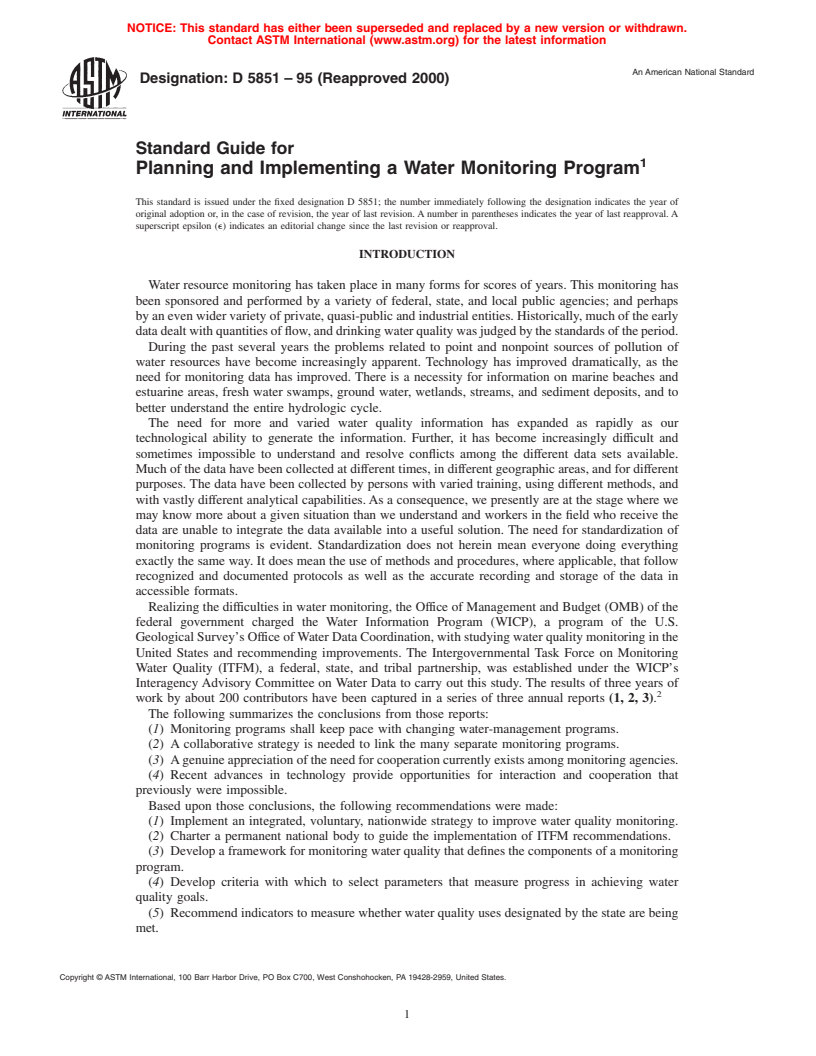 ASTM D5851-95(2000) - Standard Guide for Planning and Implementing a Water Monitoring Program