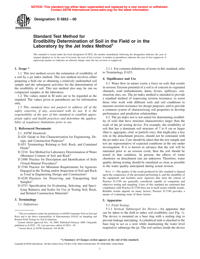 ASTM D5852-00 - Standard Test Method for Erodibility Determination of Soil in the Field or in the Laboratory by the Jet Index Method