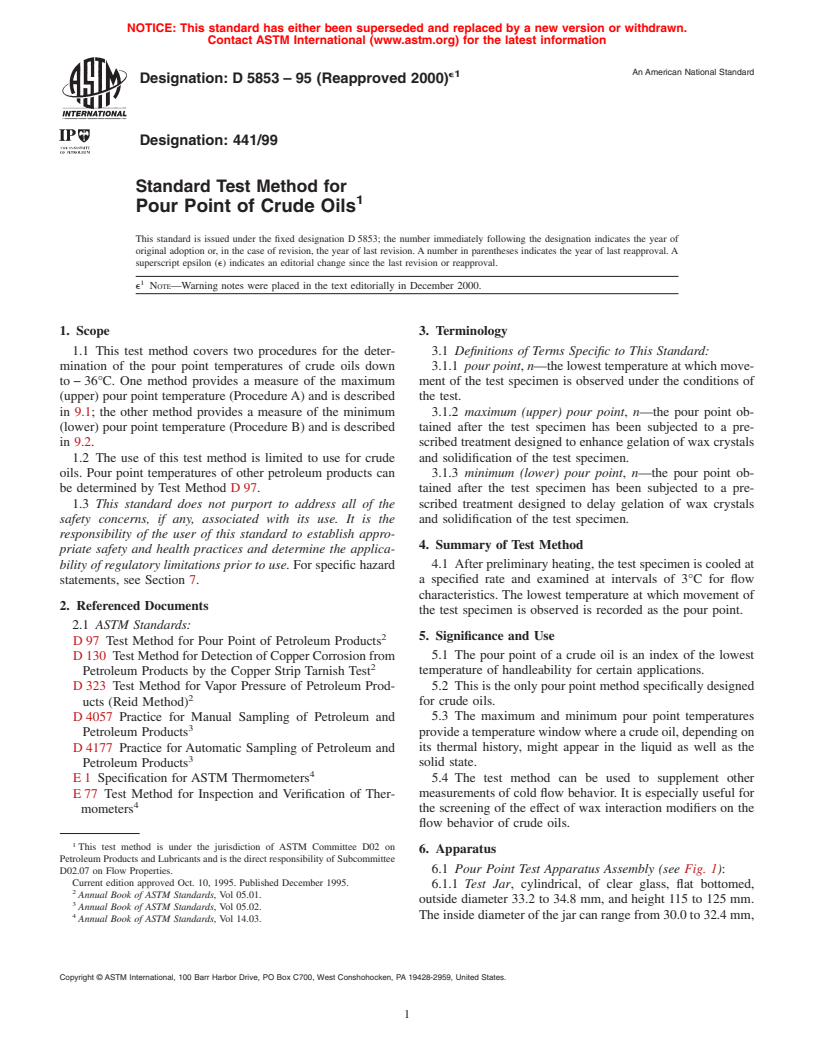 ASTM D5853-95(2000)e1 - Standard Test Method for Pour Point of Crude Oils