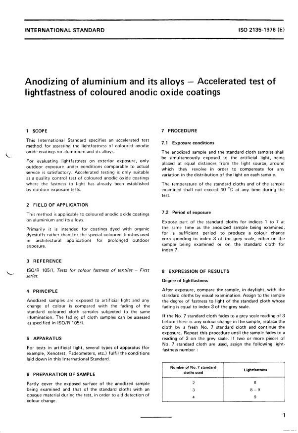 ISO 2135:1976 - Anodizing of aluminium and its alloys -- Accelerated test of lightfastness of coloured anodic oxide coatings