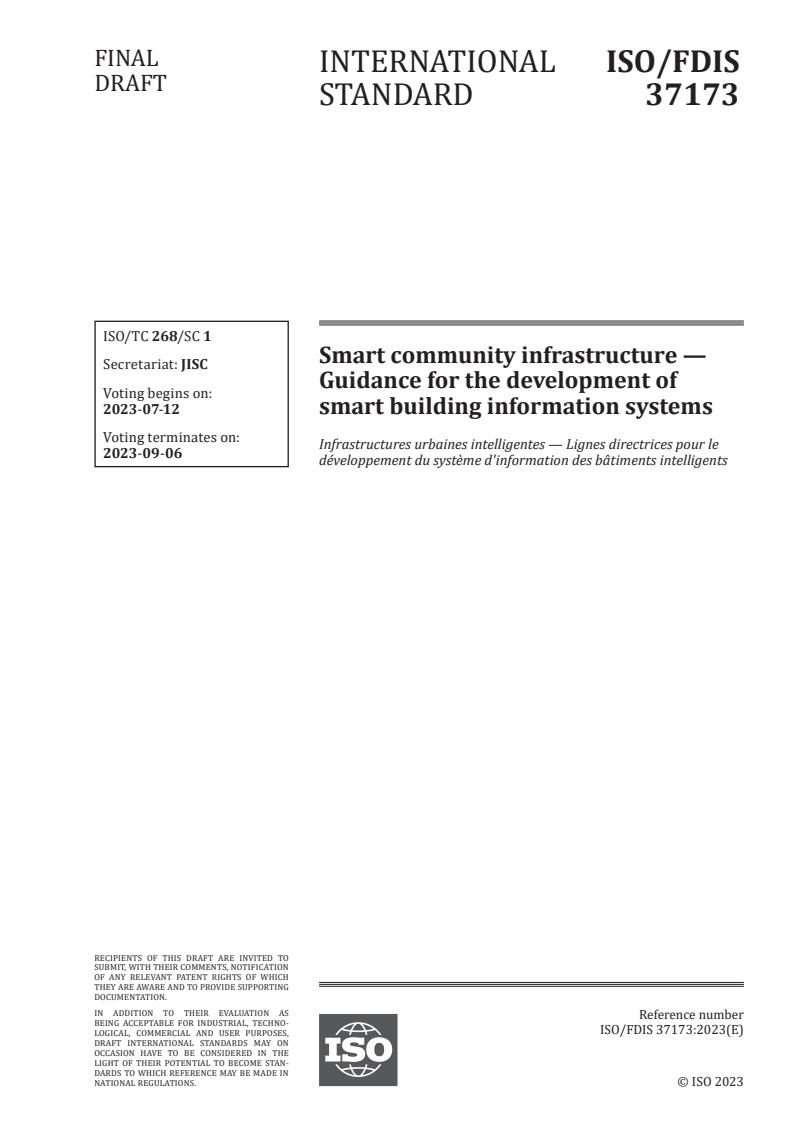 ISO 37173 - Smart community infrastructure — Guidance for the development of smart building information systems
Released:6/28/2023