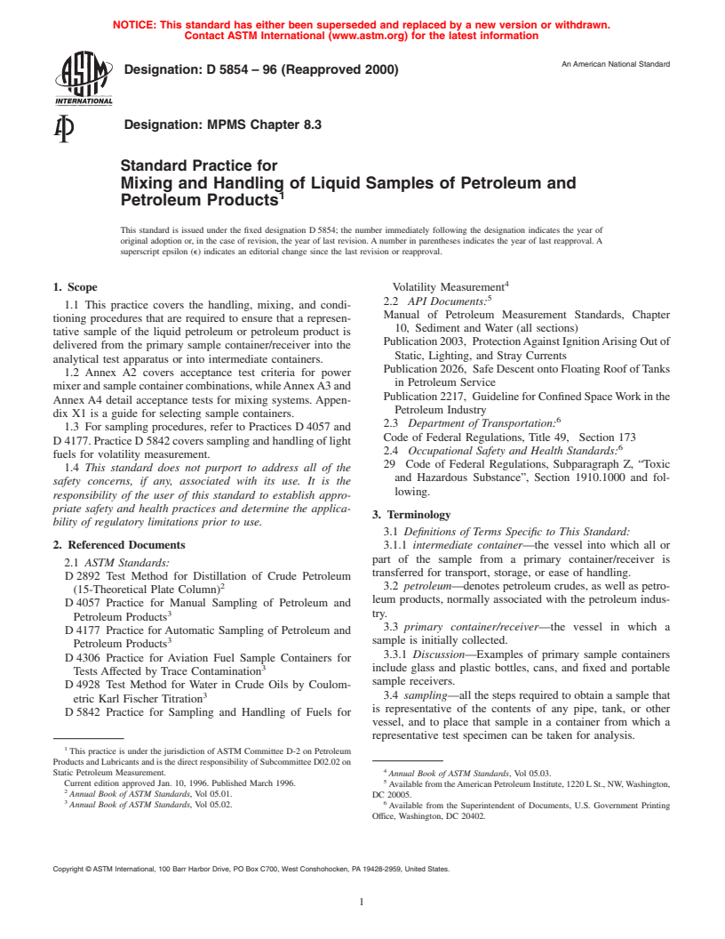 ASTM D5854-96(2000) - Standard Practice for Mixing and Handling of Liquid Samples of Petroleum and Petroleum Products