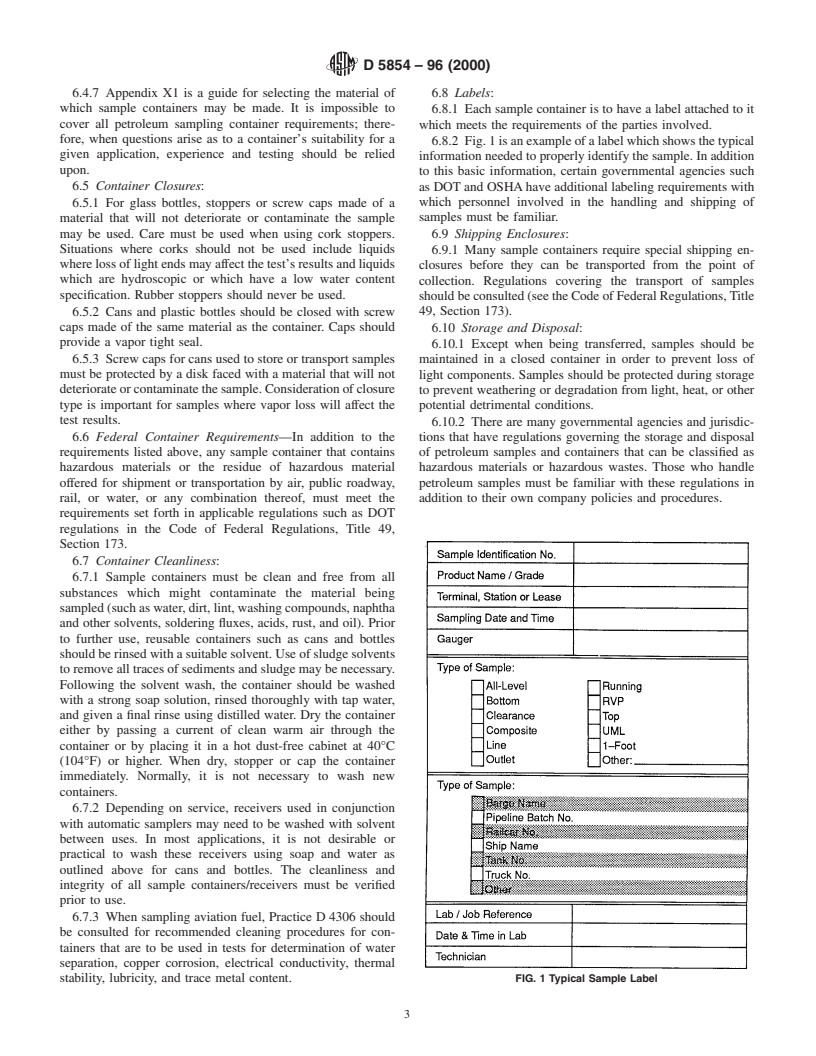 ASTM D5854-96(2000) - Standard Practice for Mixing and Handling of Liquid Samples of Petroleum and Petroleum Products