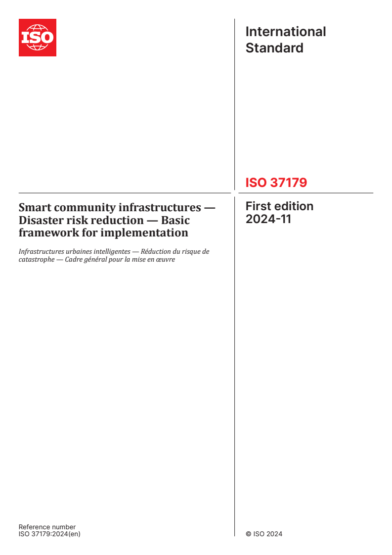 ISO 37179:2024 - Smart community infrastructures — Disaster risk reduction — Basic framework for implementation
Released:11/19/2024