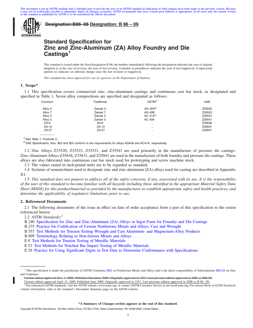 REDLINE ASTM B86-09 - Standard Specification for Zinc and Zinc-Aluminum (ZA) Alloy Foundry and Die Castings