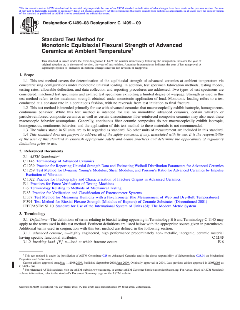 REDLINE ASTM C1499-09 - Standard Test Method for Monotonic Equibiaxial Flexural Strength of Advanced Ceramics at Ambient Temperature