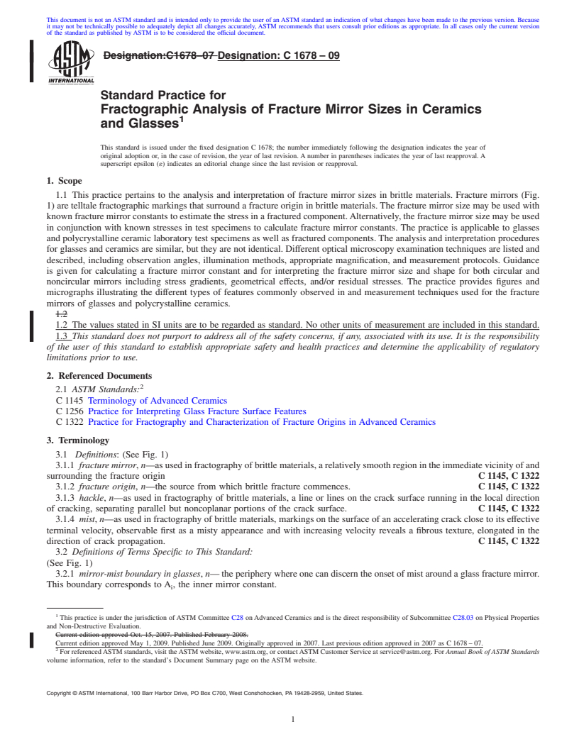 REDLINE ASTM C1678-09 - Standard Practice for Fractographic Analysis of Fracture Mirror Sizes in Ceramics and Glasses