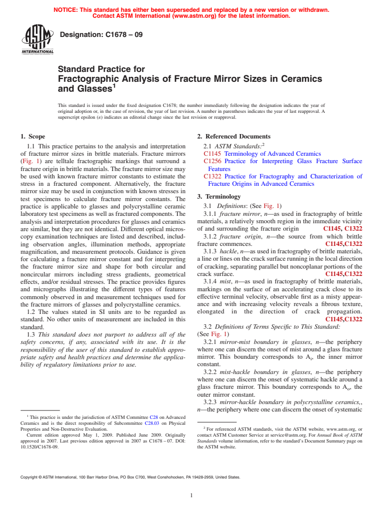 ASTM C1678-09 - Standard Practice for Fractographic Analysis of Fracture Mirror Sizes in Ceramics and Glasses