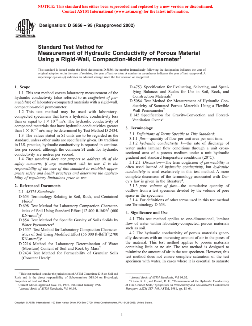 ASTM D5856-95(2002) - Standard Test Method for Measurement of Hydraulic Conductivity of Porous Material Using a Rigid-Wall, Compaction-Mold Permeameter