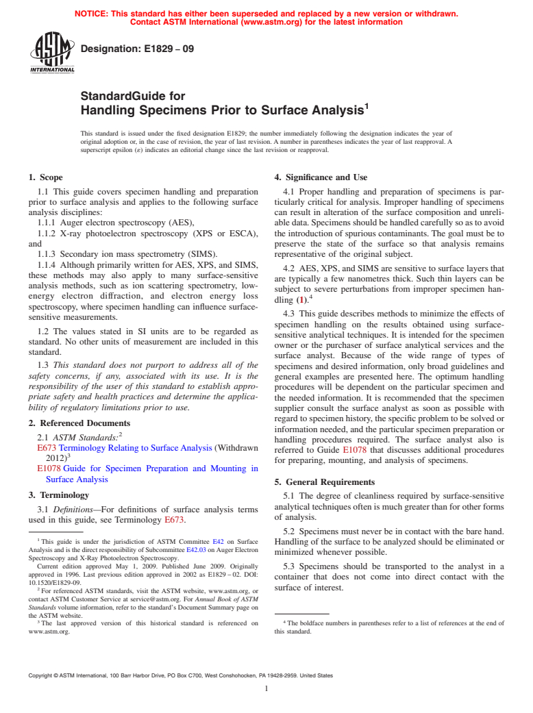 ASTM E1829-09 - Standard Guide for Handling Specimens Prior to Surface Analysis