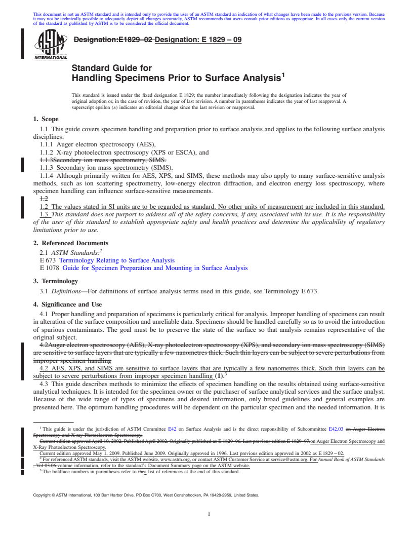 REDLINE ASTM E1829-09 - Standard Guide for Handling Specimens Prior to Surface Analysis