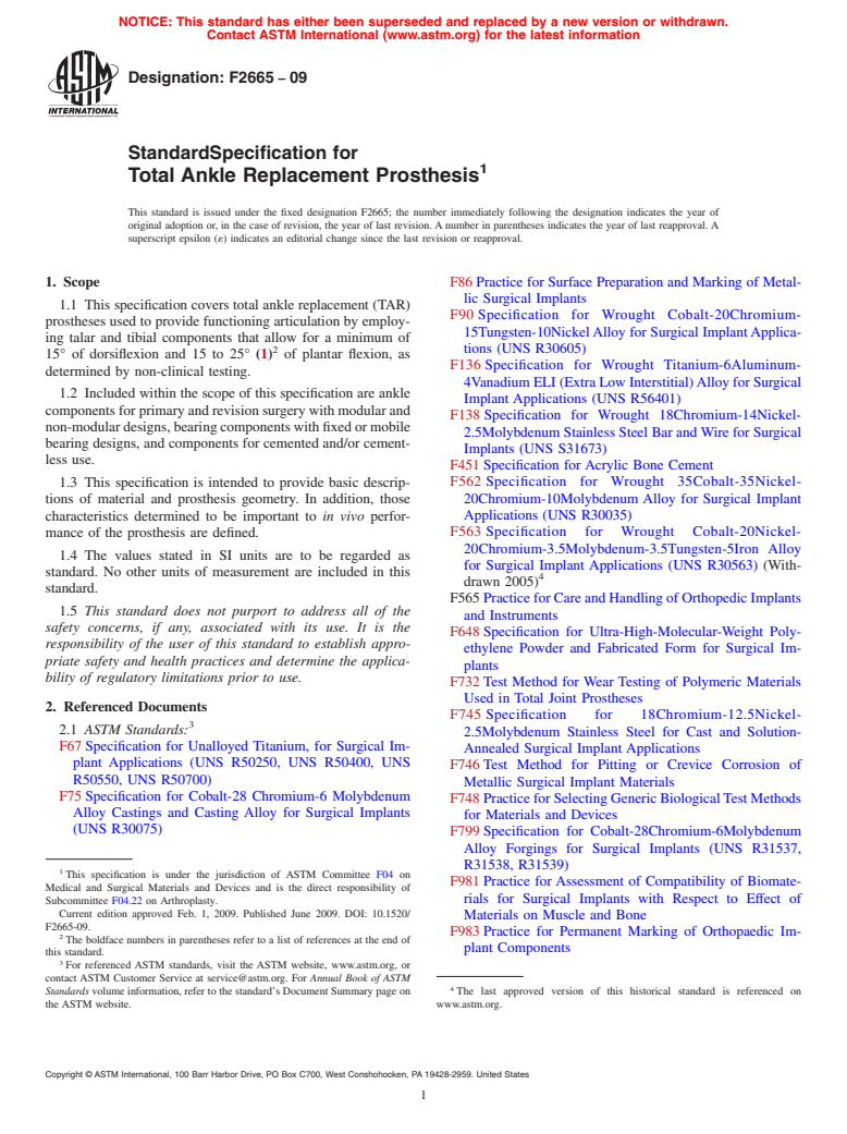 ASTM F2665-09 - Standard Specification for Total Ankle Replacement Prosthesis