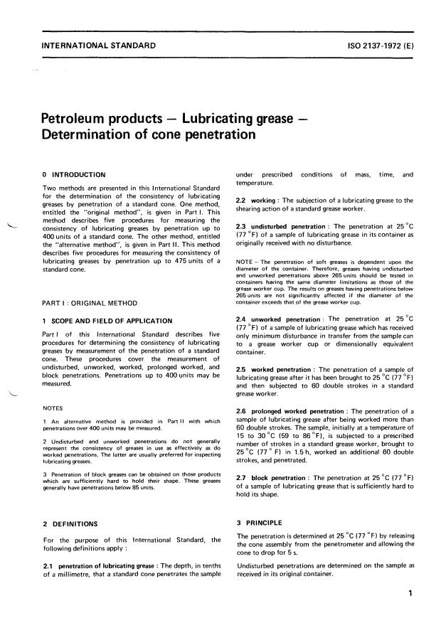 ISO 2137:1972 - Petroleum products -- Lubricating grease -- Determination of cone penetration