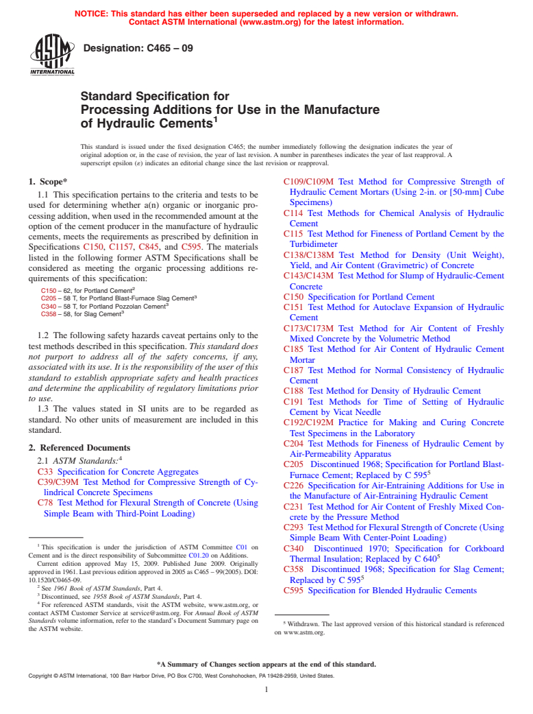 ASTM C465-09 - Standard Specification for Processing Additions for Use in the Manufacture of Hydraulic Cements