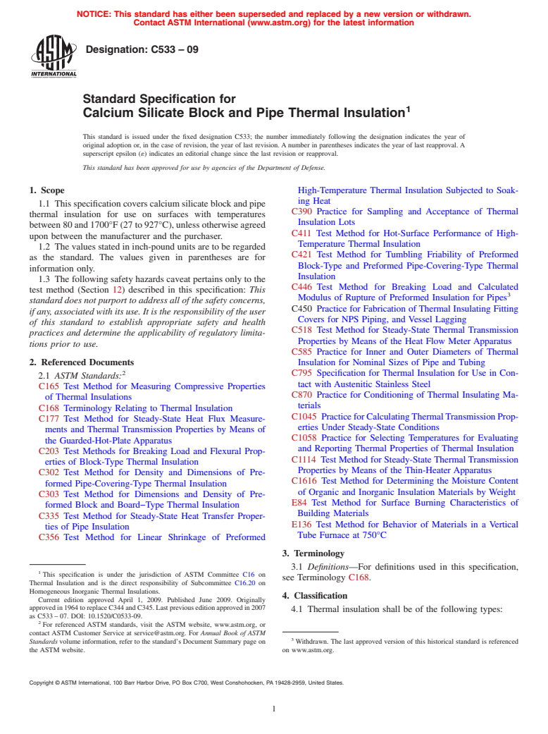 ASTM C533-09 - Standard Specification for Calcium Silicate Block and Pipe Thermal Insulation