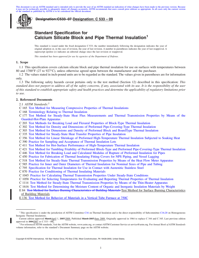 REDLINE ASTM C533-09 - Standard Specification for Calcium Silicate Block and Pipe Thermal Insulation