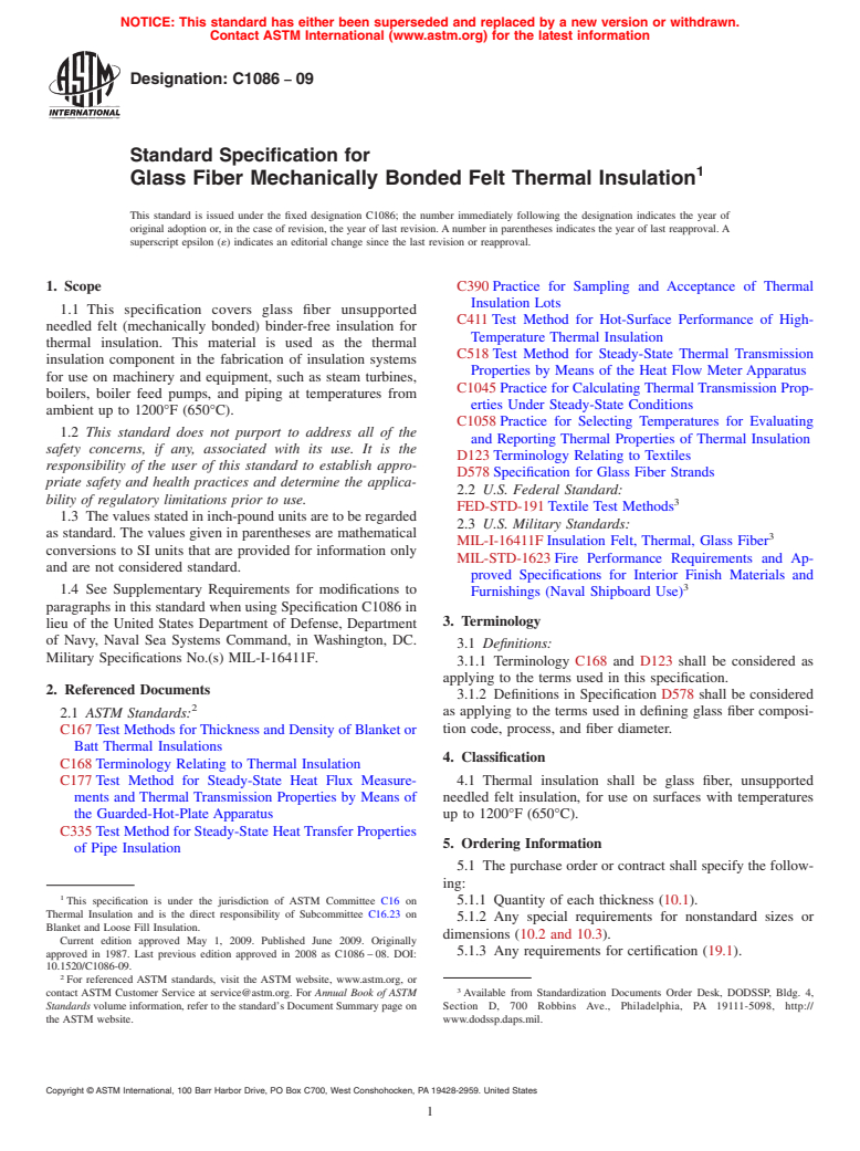 ASTM C1086-09 - Standard Specification for  Glass Fiber Mechanically Bonded Felt Thermal Insulation