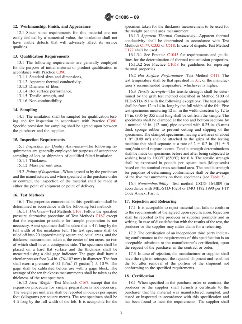 ASTM C1086-09 - Standard Specification for  Glass Fiber Mechanically Bonded Felt Thermal Insulation