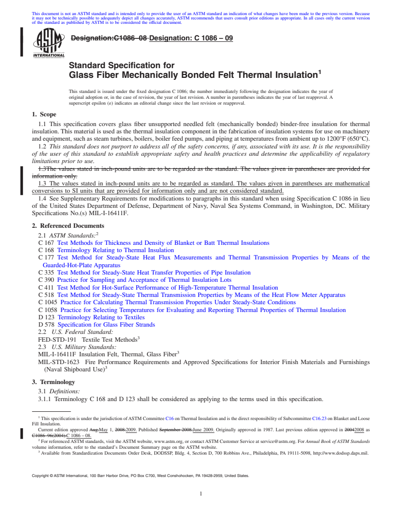 REDLINE ASTM C1086-09 - Standard Specification for  Glass Fiber Mechanically Bonded Felt Thermal Insulation